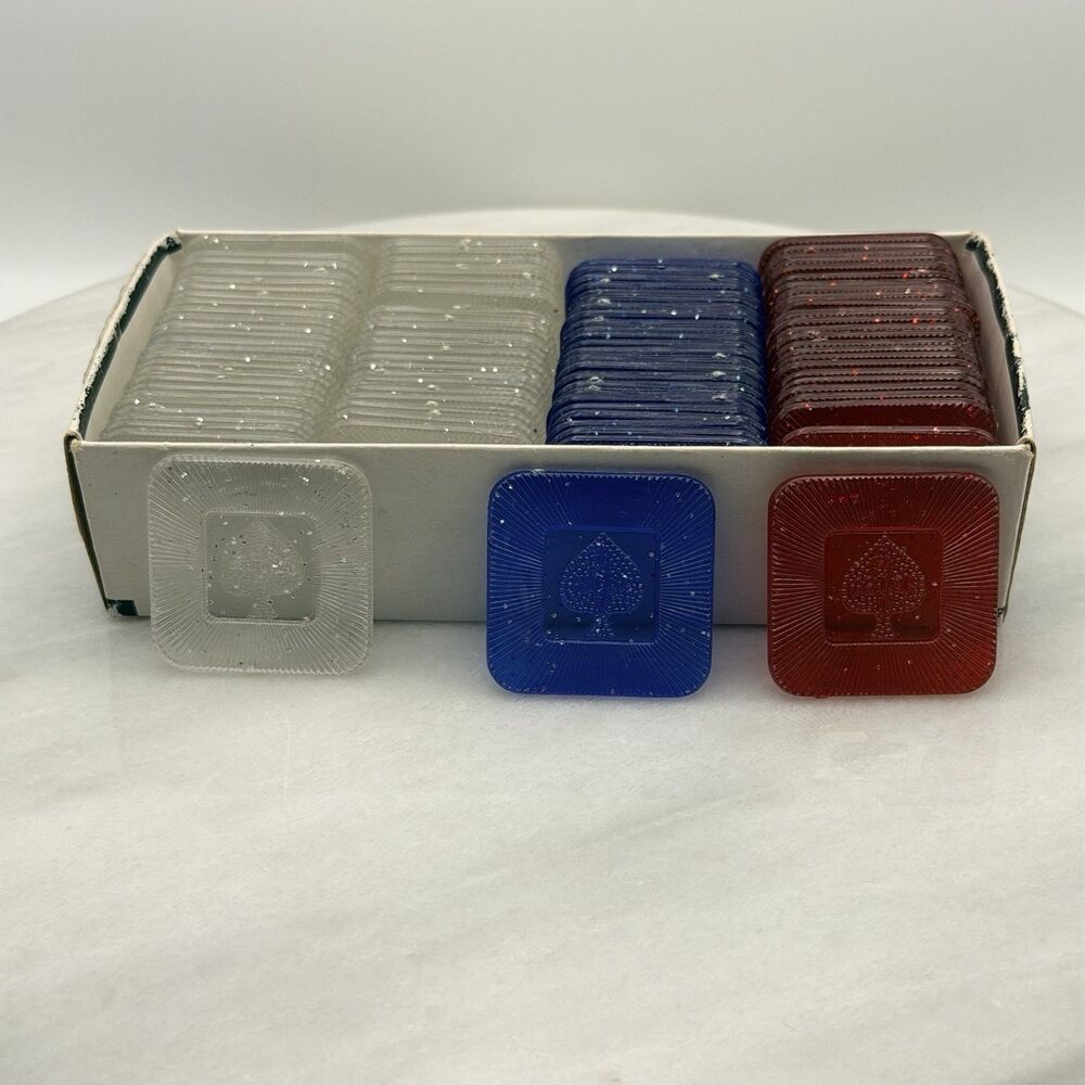 Vintage Astor Square Poker Chips 99 Red Blue Clear No Roll Original Box Hong Kon - Picture 3 of 14